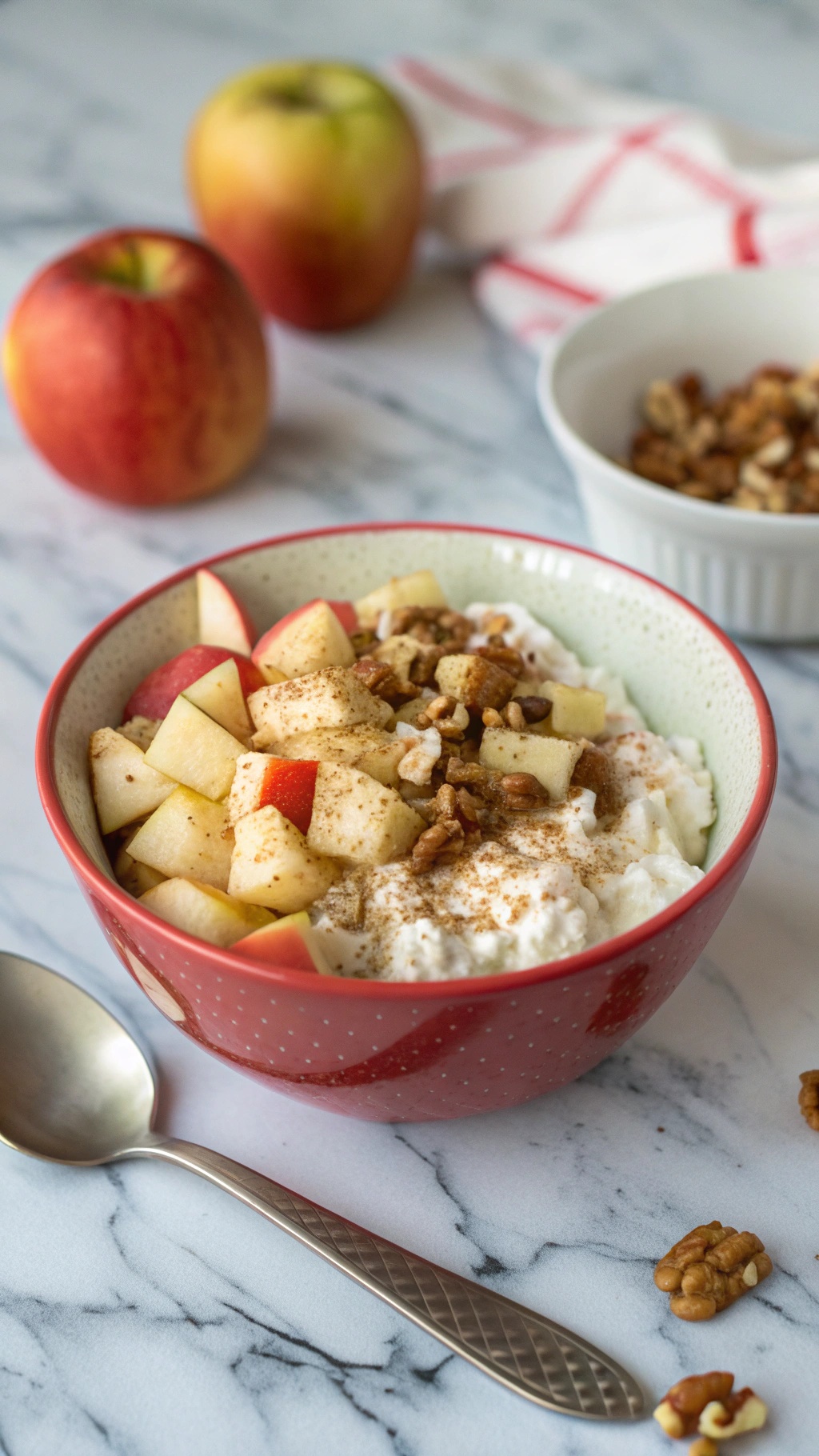 A bowl of cottage cheese topped with diced apples, walnuts, and cinnamon.