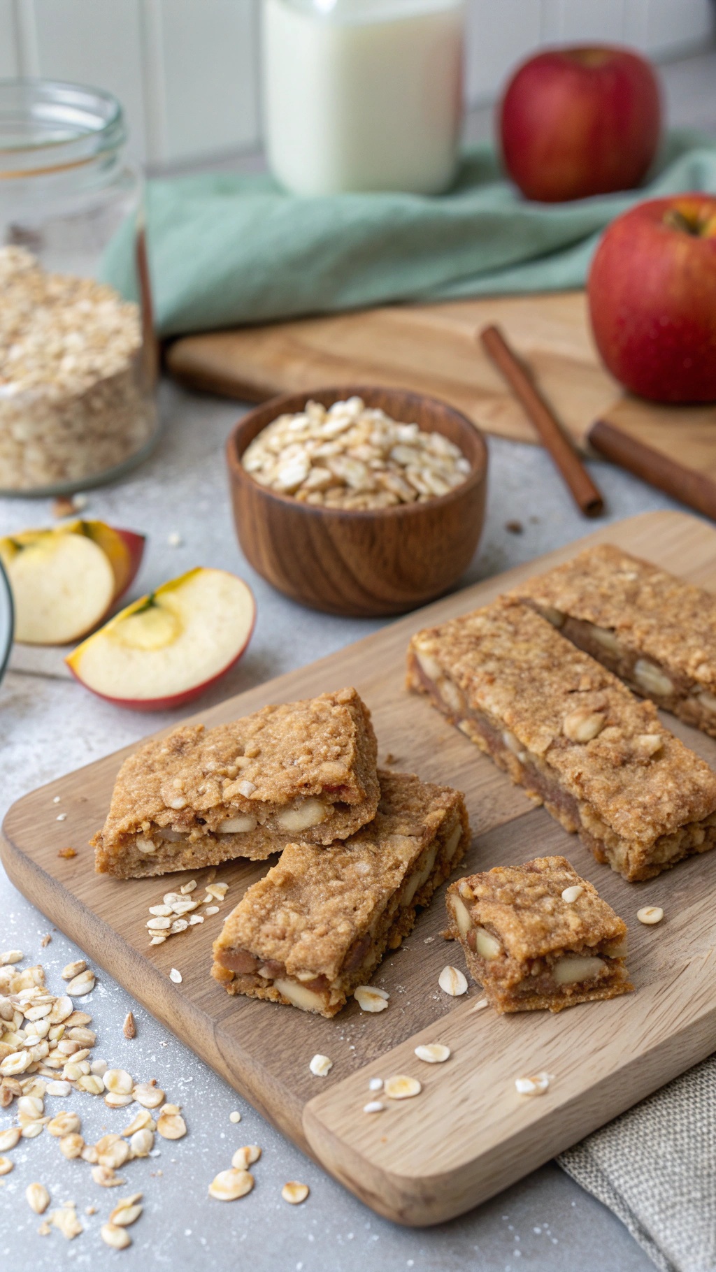 Homemade apple and oatmeal protein bars on a wooden cutting board, surrounded by fresh apples and oats.