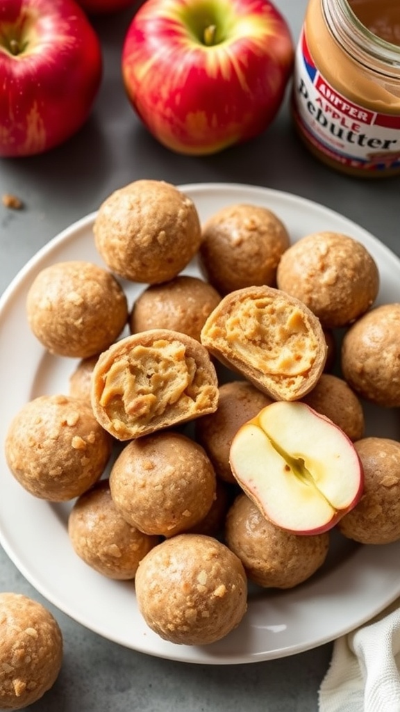 Plate of apple and peanut butter energy bites with fresh apples in the background