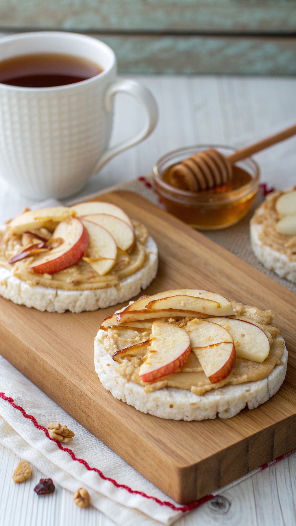 Rice cakes topped with peanut butter and apple slices, served with a cup of tea.