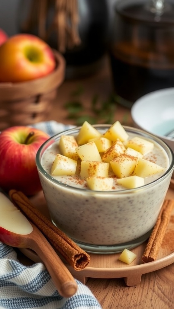 A bowl of apple cinnamon chia pudding topped with diced apples and cinnamon, surrounded by fresh apples and cinnamon sticks.