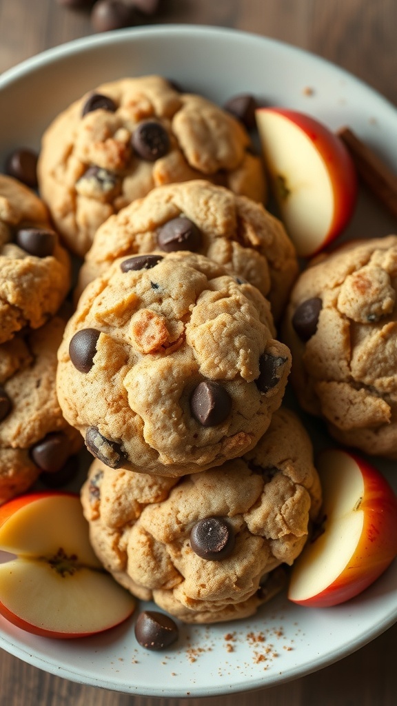 Plate of Apple Cinnamon Chocolate Chip Cookies with chocolate chips and apple slices