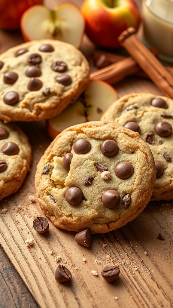 Delicious apple cinnamon chocolate chip protein cookies on a wooden board with apples and cinnamon sticks in the background.