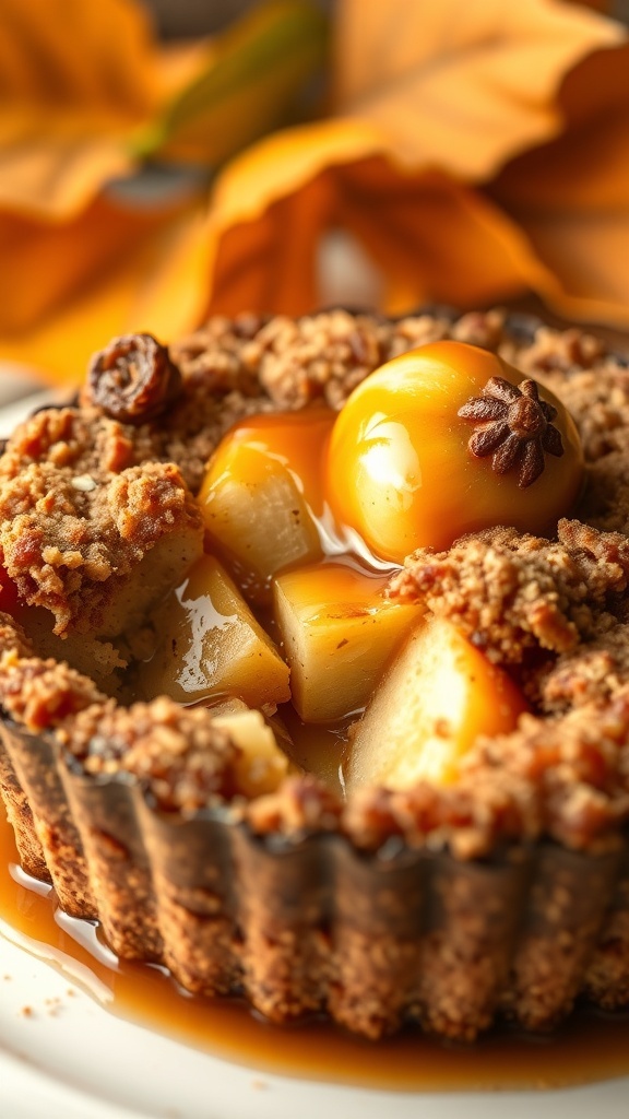 A delicious apple cinnamon high-protein bread pudding topped with a crumbly topping and served on a plate.