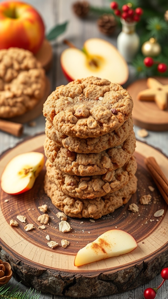 A stack of apple cinnamon oatmeal cookies on a wooden platter, surrounded by fresh apples and cinnamon sticks.