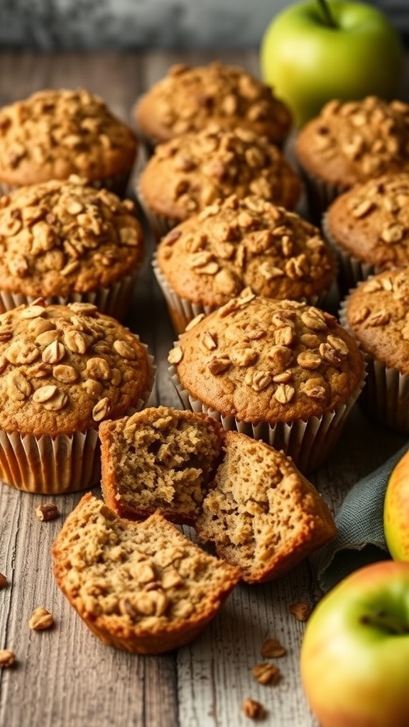 Delicious apple cinnamon oatmeal muffins with a sprinkle of oats on top, displayed alongside fresh green apples.