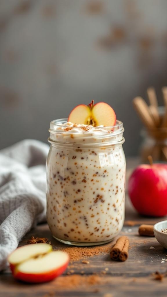 A jar of apple cinnamon overnight oats topped with apple slices and cinnamon, with apples and cinnamon sticks nearby.
