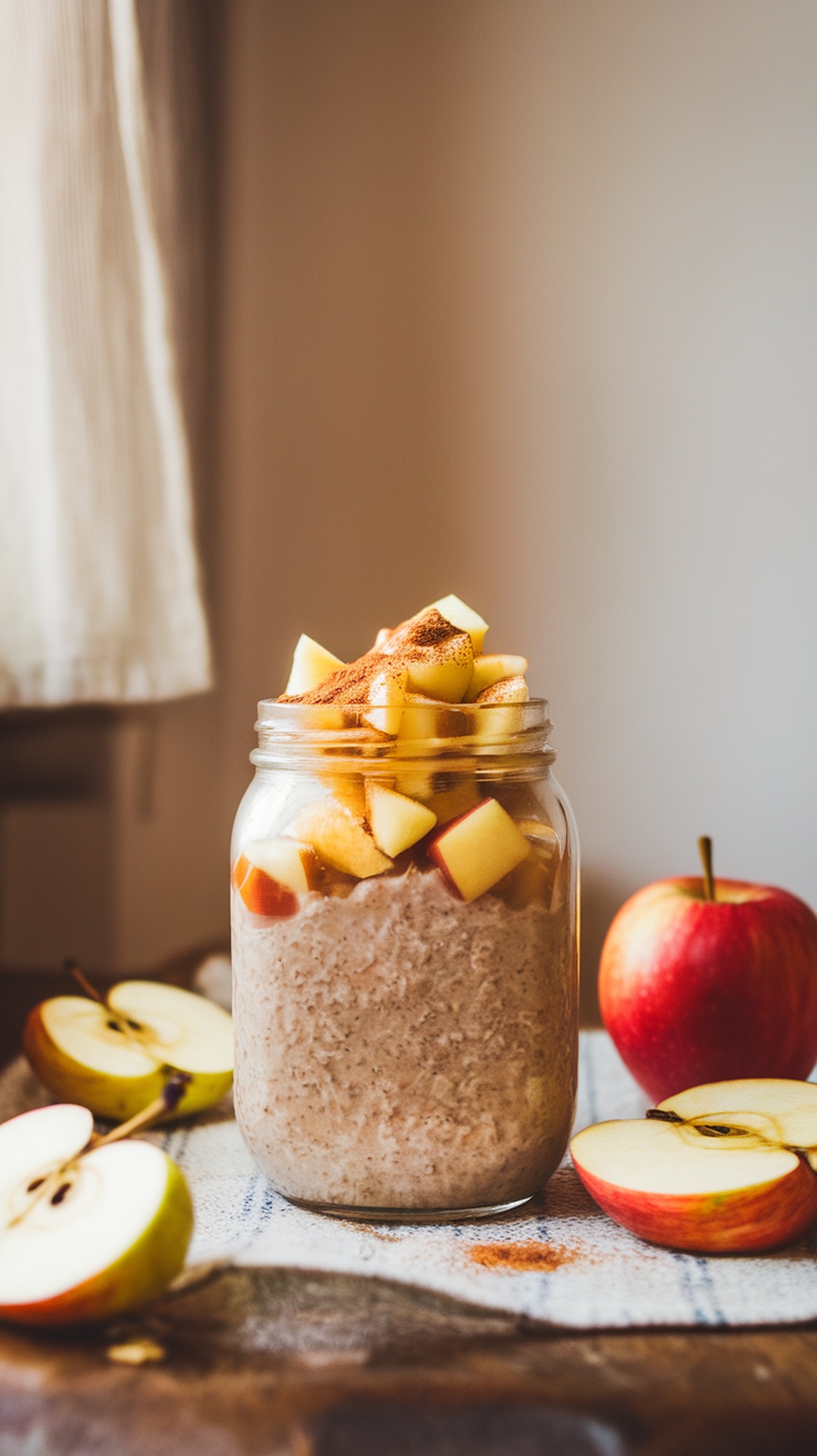 A jar of apple cinnamon protein overnight oats topped with diced apples and cinnamon, with fresh apples beside it.