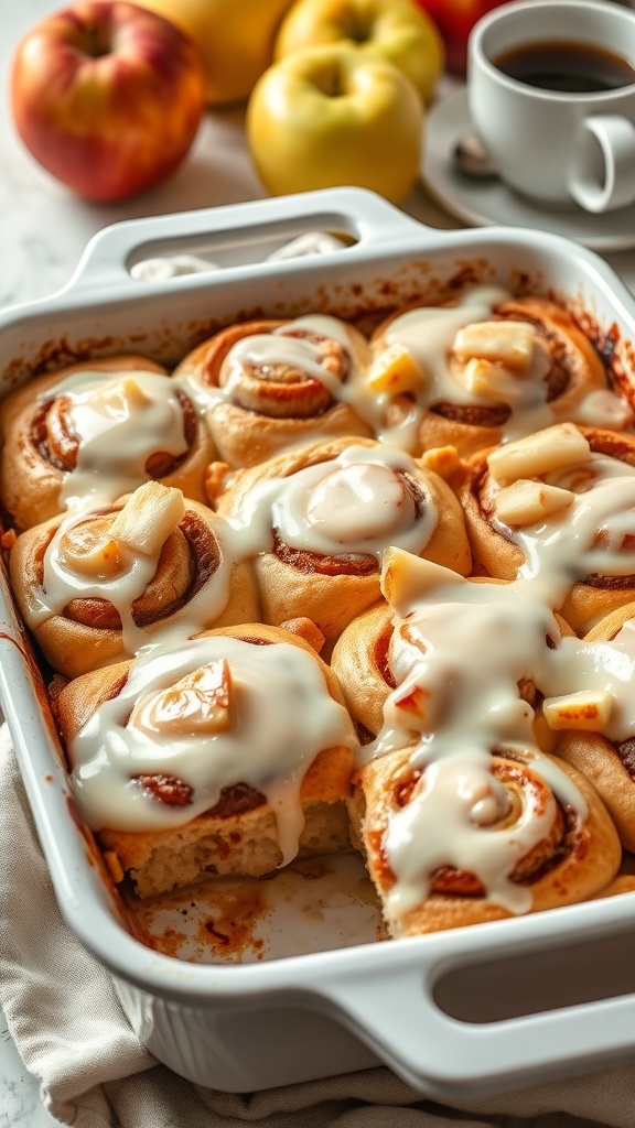 A delicious apple cinnamon roll casserole topped with creamy frosting, surrounded by fresh apples and a cup of coffee.
