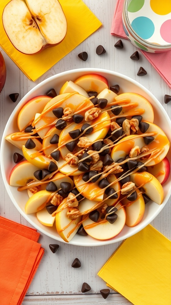 A plate of apple nachos topped with caramel, chocolate chips, and nuts, surrounded by colorful napkins.