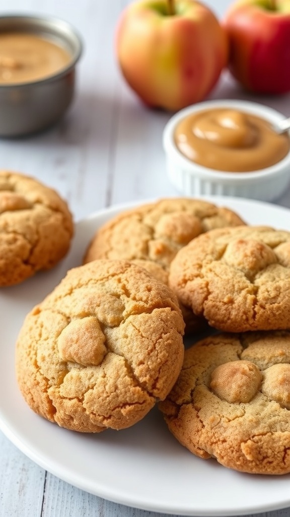 A plate of freshly baked snickerdoodle cookies with apple sauce and apples in the background.