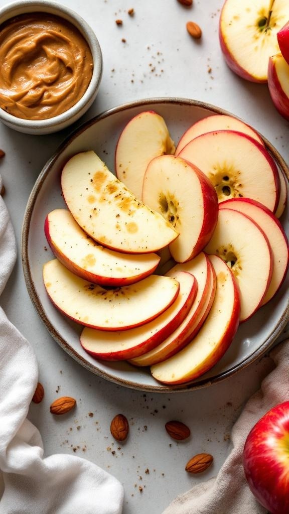 A plate of sliced apples with a small bowl of almond butter, surrounded by almonds.