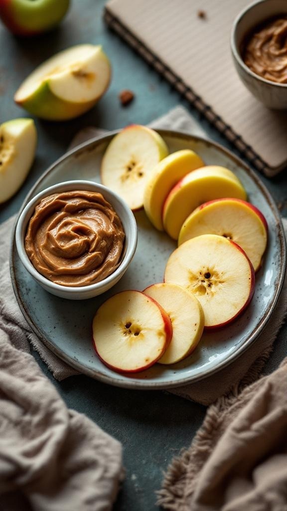 A plate of apple slices with almond butter, showcasing a healthy snack option.