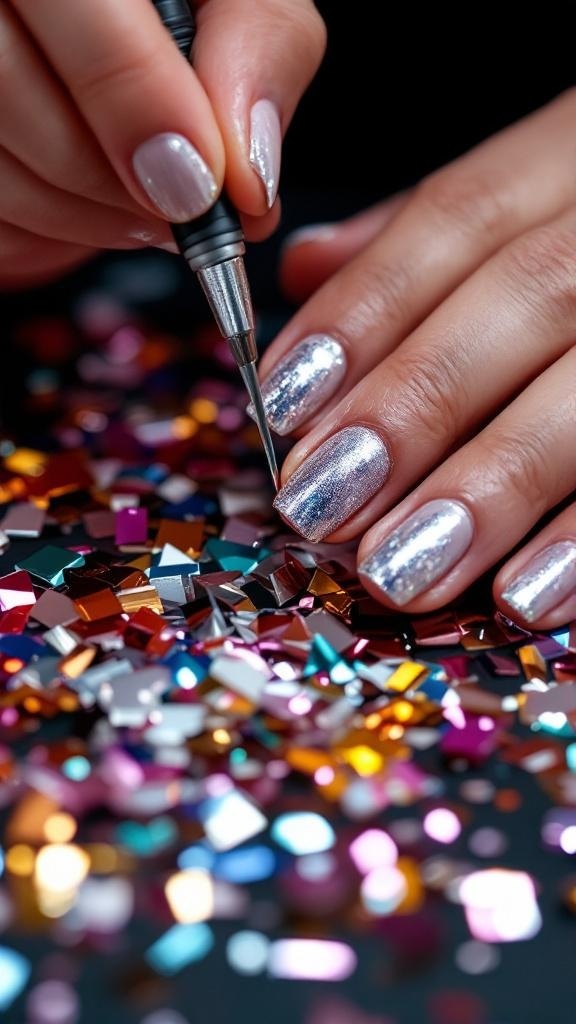 A close-up of a hand applying nail foil on shiny nails with colorful foil pieces scattered around.