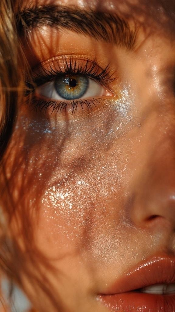 Close-up of a woman's face with heavy highlighter on her cheek and nose, showing a shiny effect.