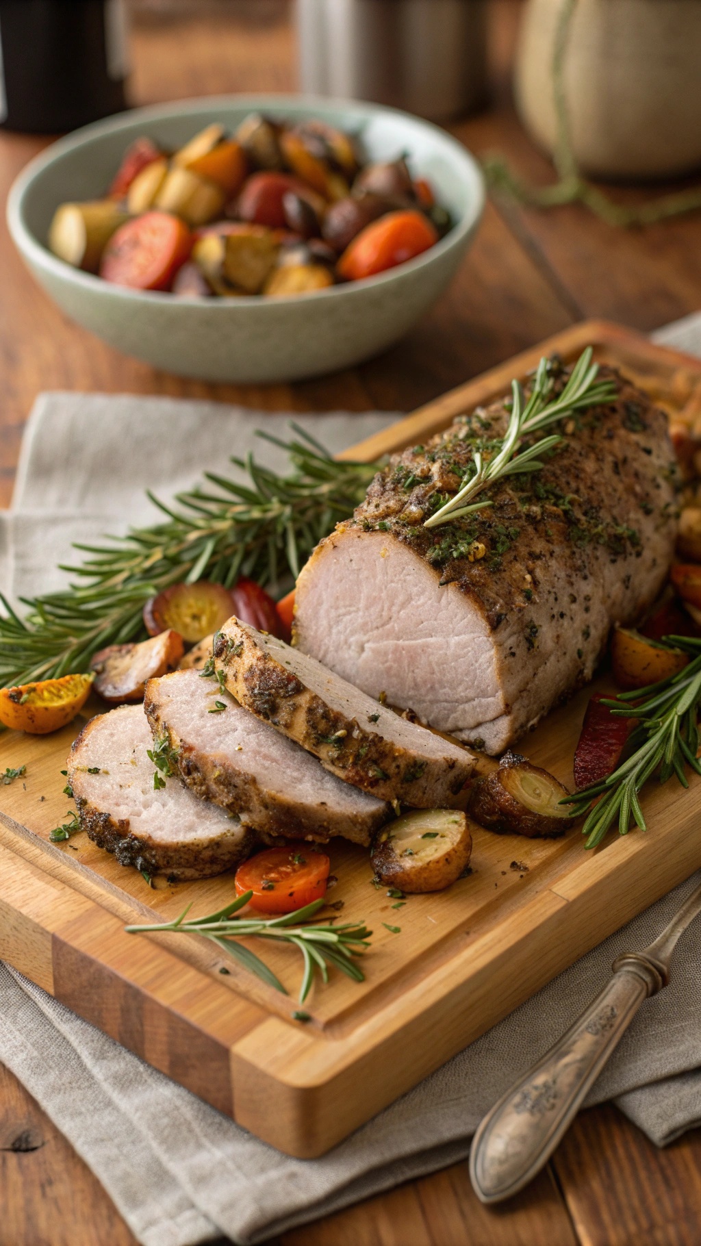 Herb-roasted pork tenderloin sliced and served with roasted vegetables