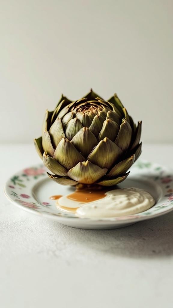 A fresh artichoke on a decorative plate with two dips