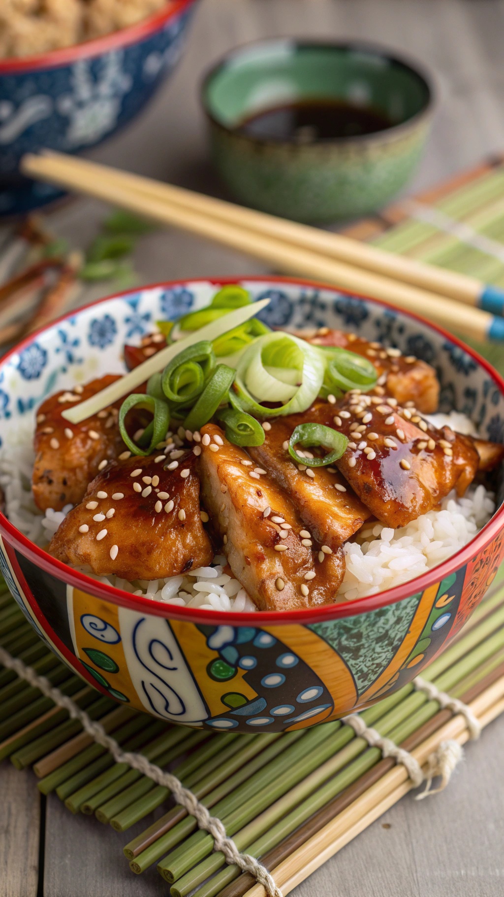 A bowl of teriyaki chicken breasts served over rice, garnished with green onions and sesame seeds.