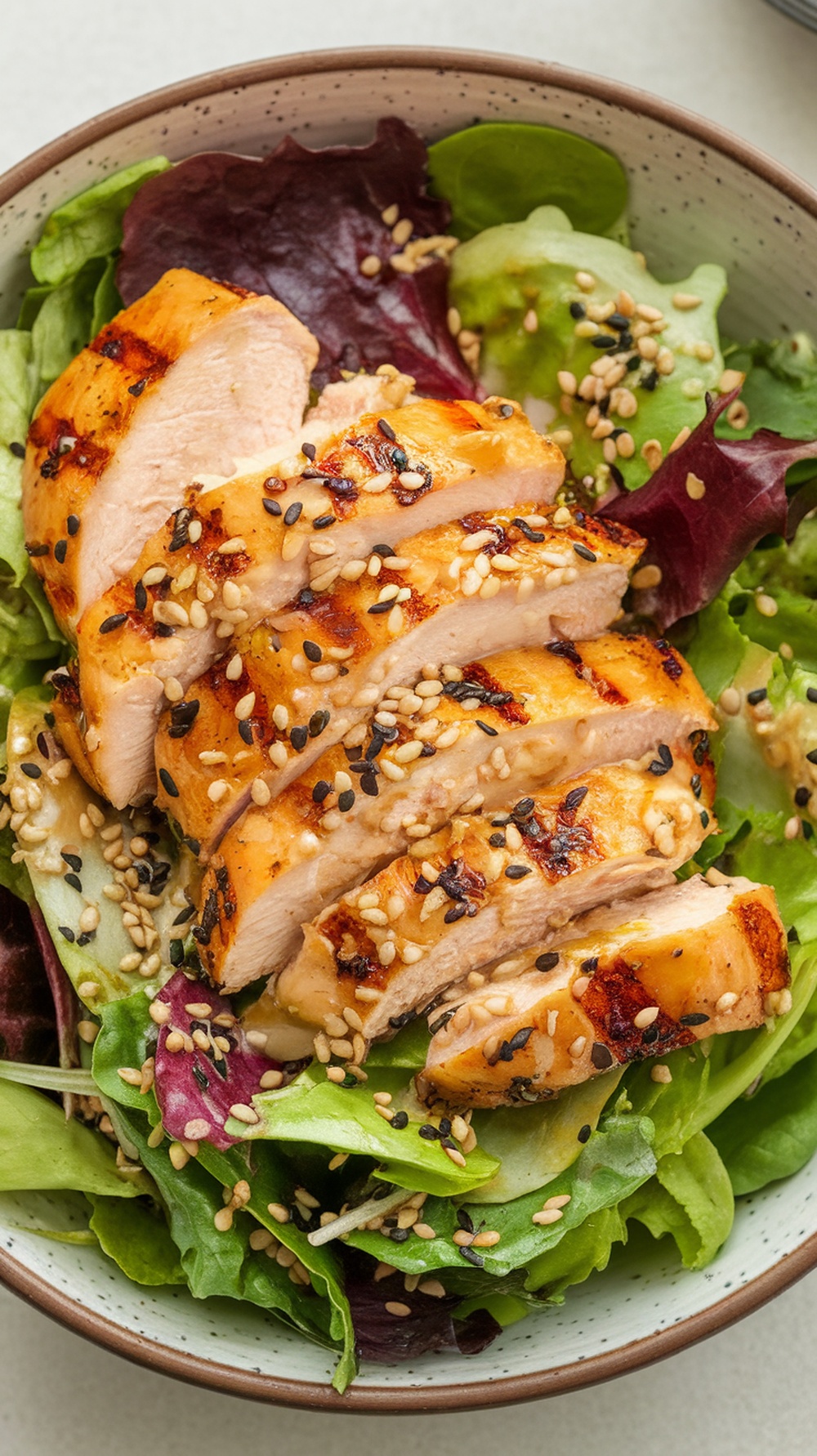 A bowl of Asian Sesame Chicken Salad with sliced grilled chicken, mixed greens, and sesame seeds.
