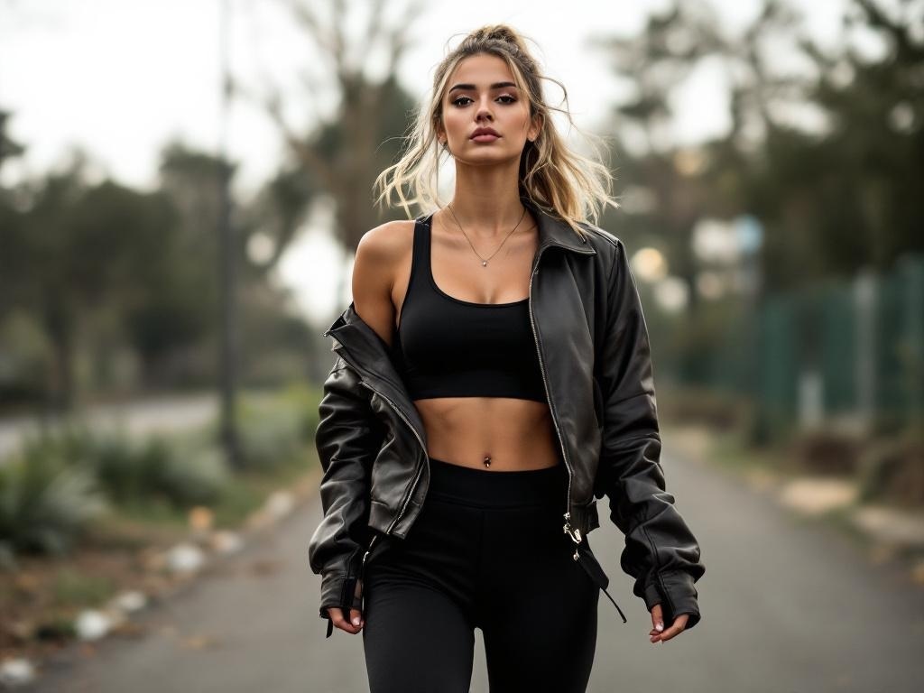 A woman wearing a black leather jacket over a black crop top and leggings, walking confidently outdoors.