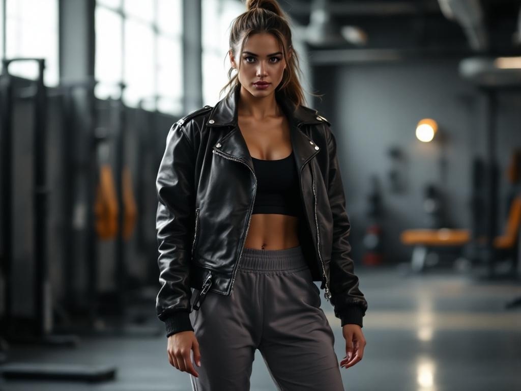 A person wearing a black leather jacket with joggers, showcasing an athleisure outfit.