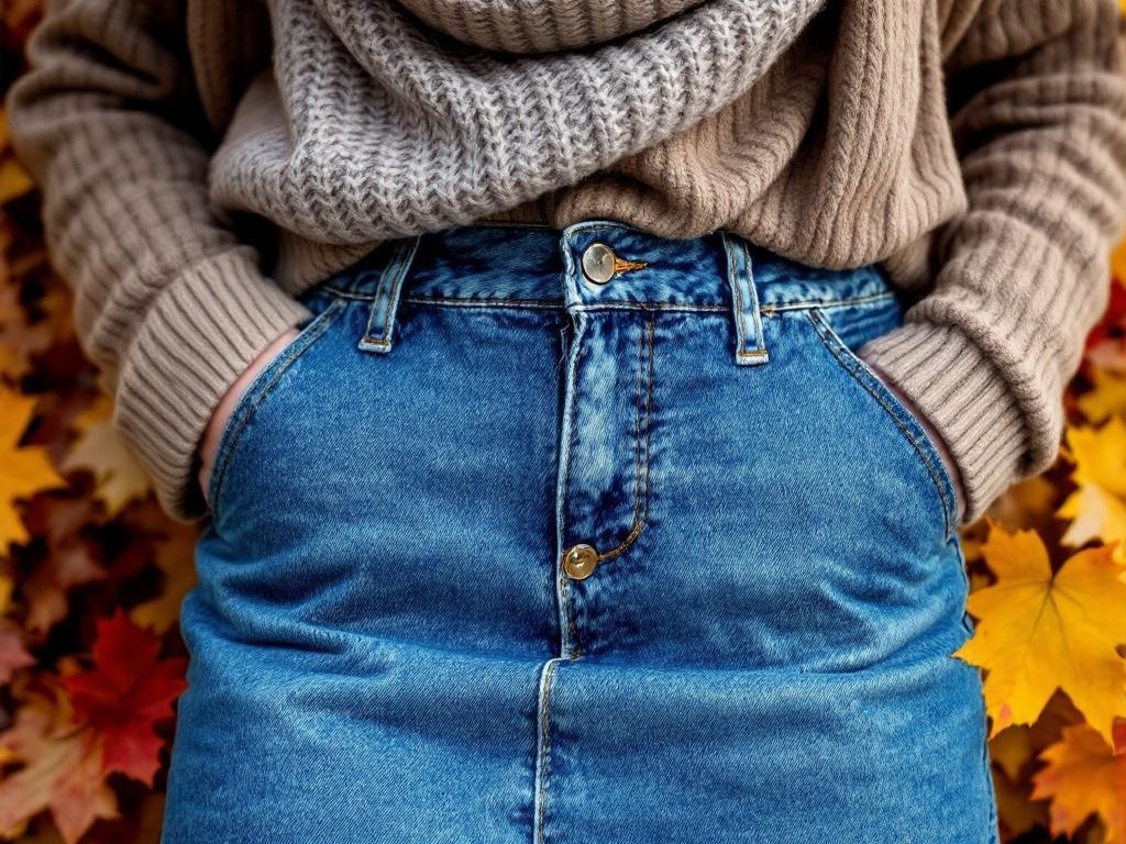 A close-up of a person wearing a denim skirt and a cozy sweater, surrounded by autumn leaves.