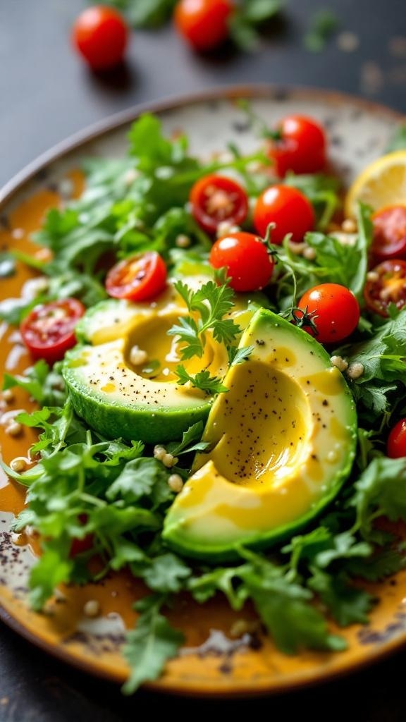 A vibrant avocado and tomato breakfast salad with greens on a plate.
