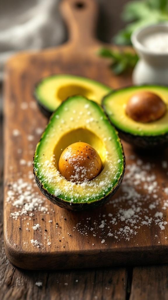 A halved avocado with a seed on a wooden cutting board, sprinkled with salt.