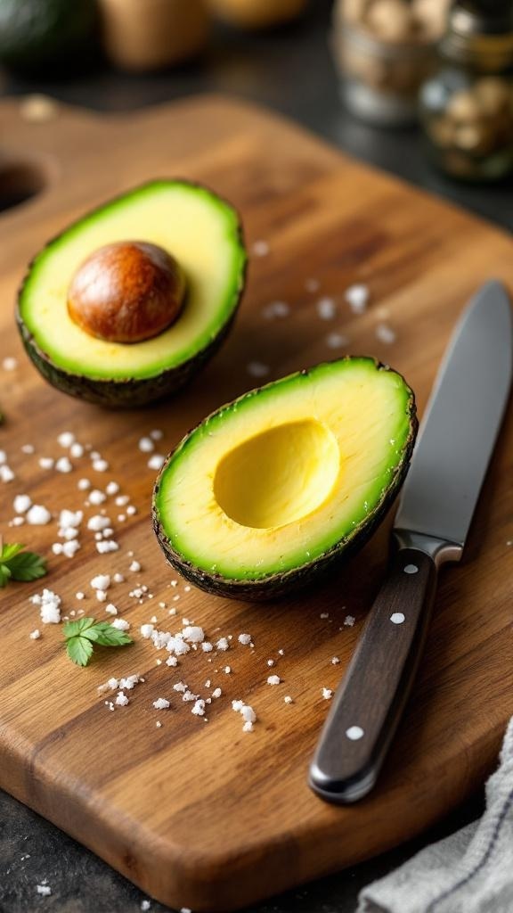 A halved avocado on a wooden cutting board with a knife and salt