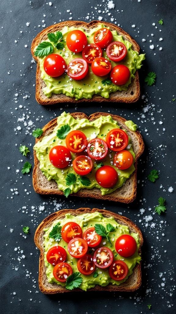 Three slices of whole grain bread topped with mashed avocado and cherry tomatoes, garnished with herbs and salt.