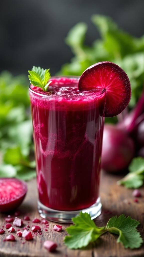 A glass of vibrant beetroot juice garnished with a slice of beet and mint leaves, surrounded by fresh beetroots and greens.