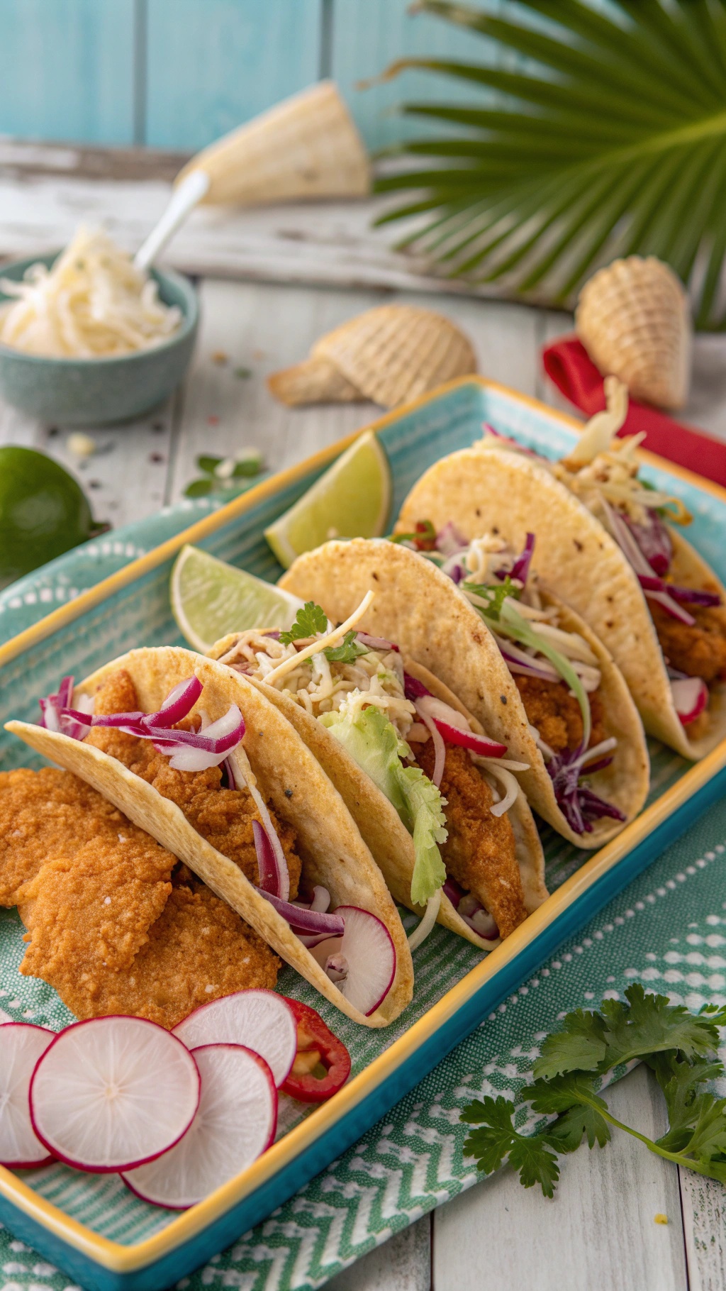 Baja-style fish tacos with crunchy coating, served with lime and fresh toppings.