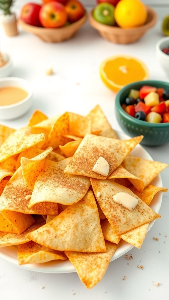 A plate of cinnamon sugar tortilla chips with a few pieces of fruit in the background.