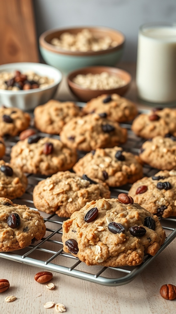 A batch of oatmeal cookies cooling on a wire rack with bowls of oats and nuts in the background.