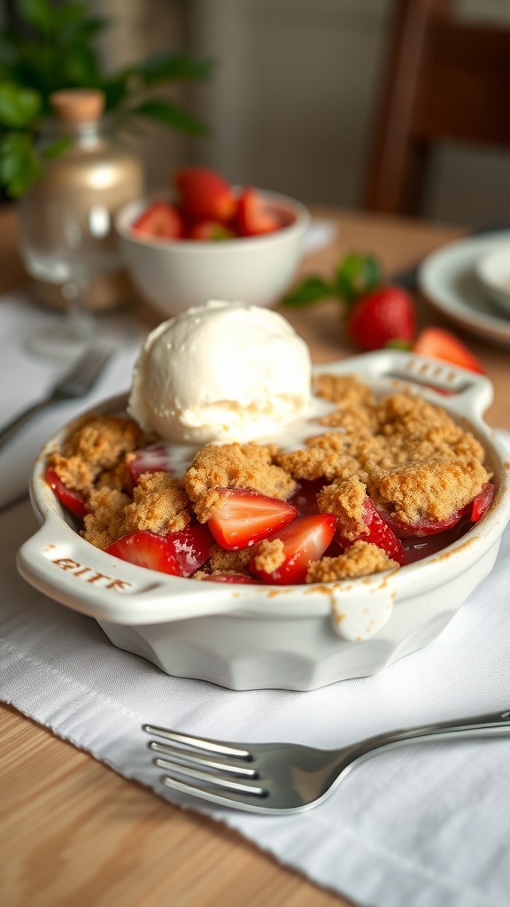 A delicious strawberry crumble topped with ice cream, served in a white dish.