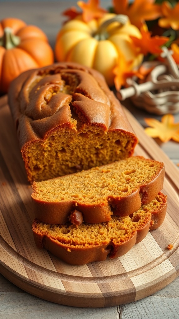 A loaf of pumpkin bread sliced on a wooden board, surrounded by autumn decorations.