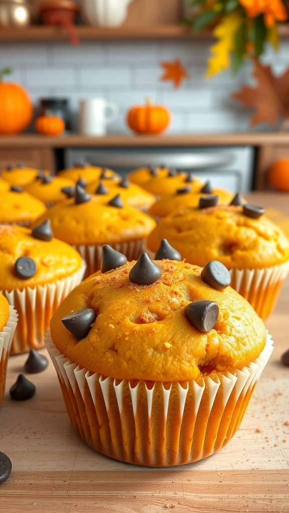 Delicious vegan pumpkin muffins topped with chocolate chips, displayed on a wooden surface with pumpkins in the background.