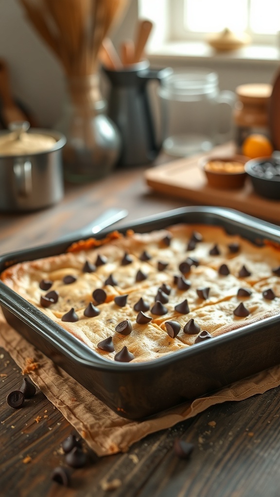 A pan of freshly baked peanut butter blondies topped with chocolate chips.