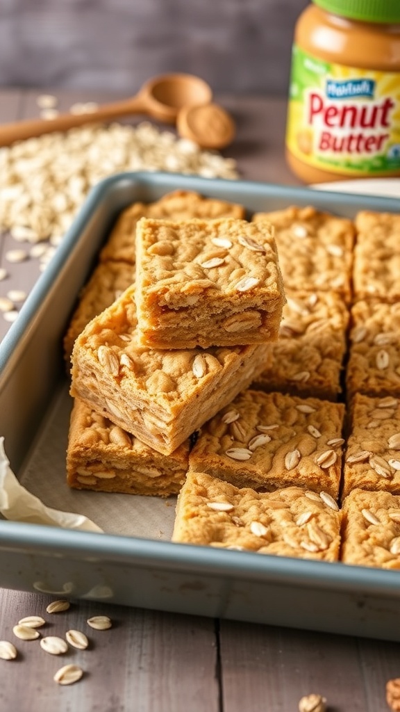 Peanut butter oatmeal bars in a baking pan with a jar of peanut butter and oats in the background.