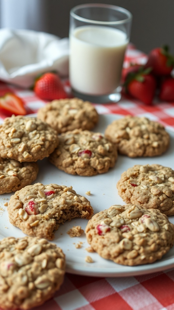A plate of strawberry oatmeal cookies with a glass of milk and fresh strawberries on a checkered tablecloth.