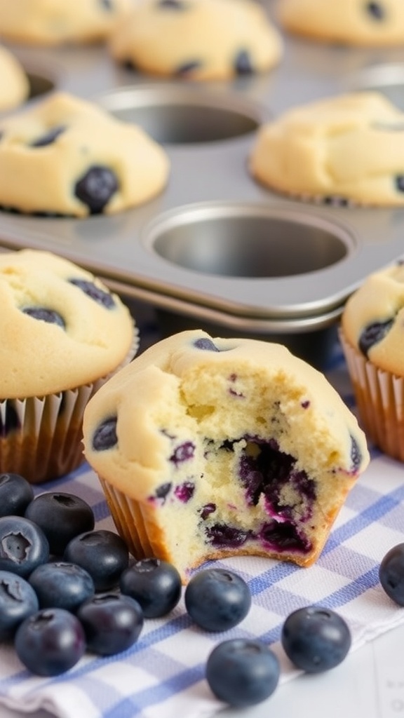 Freshly baked vegan blueberry muffins with blueberries scattered around