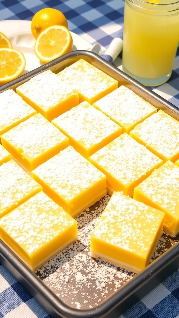 A tray of lemon bars cut into squares, dusted with powdered sugar, with fresh lemons and a glass of lemonade in the background.