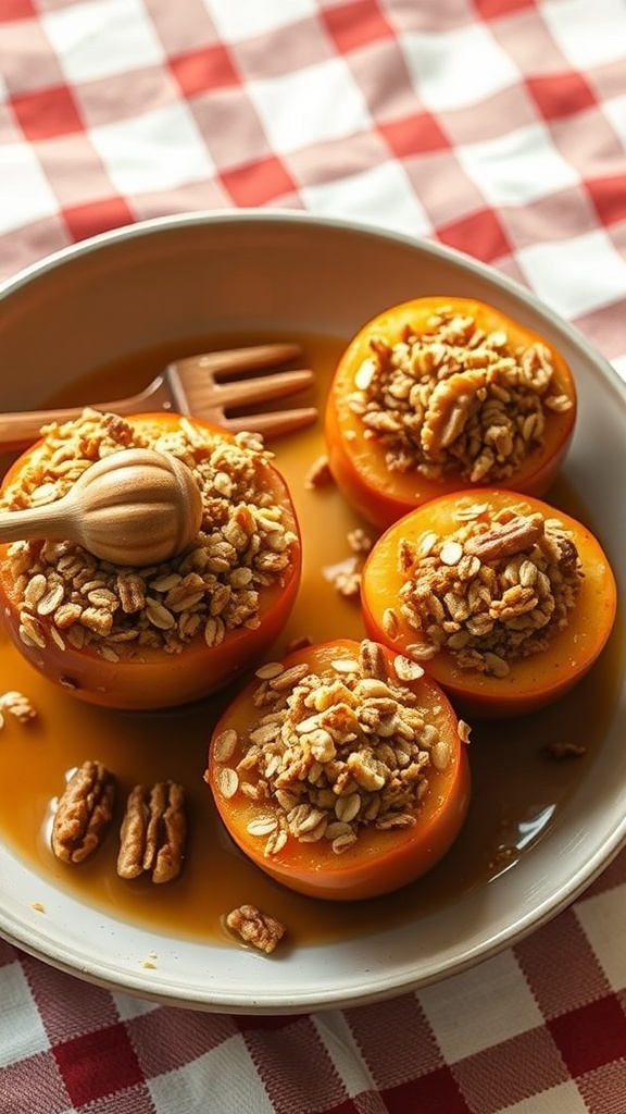 Baked apples topped with oats and walnuts on a plate