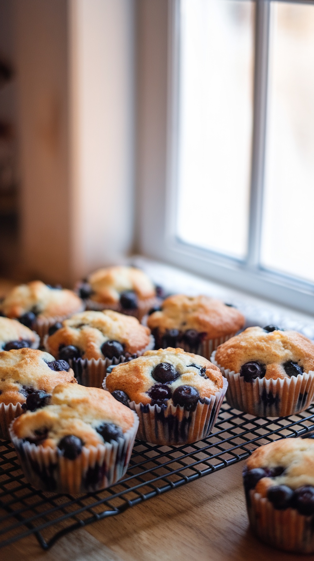 Freshly baked blueberry muffins cooling on a wire rack by a window.