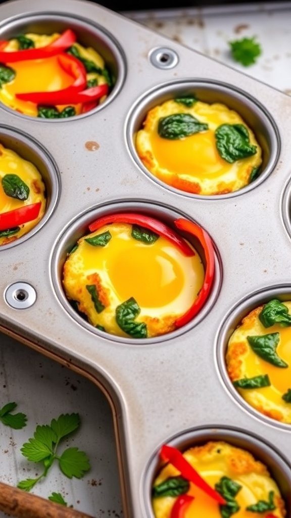 Baked egg and veggie breakfast cups in a muffin tin