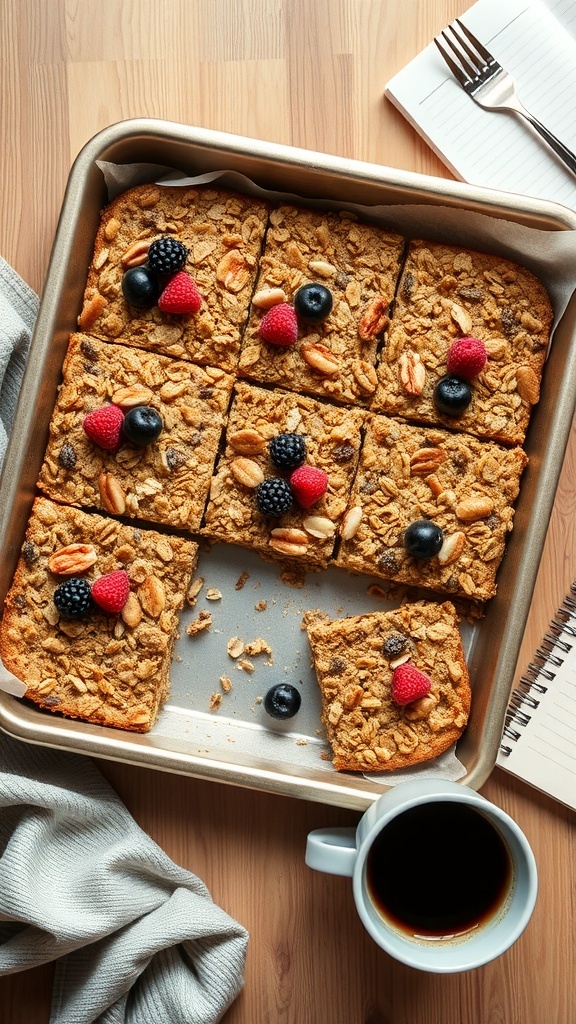 Baked oatmeal squares topped with berries in a baking tray, with a cup of coffee beside it.