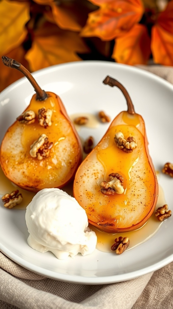 Baked pears with honey and walnuts served with ice cream