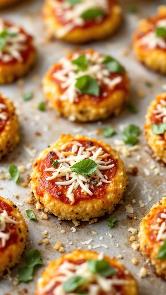 Baked quinoa pizza bites topped with marinara sauce, cheese, and fresh basil on a baking sheet.