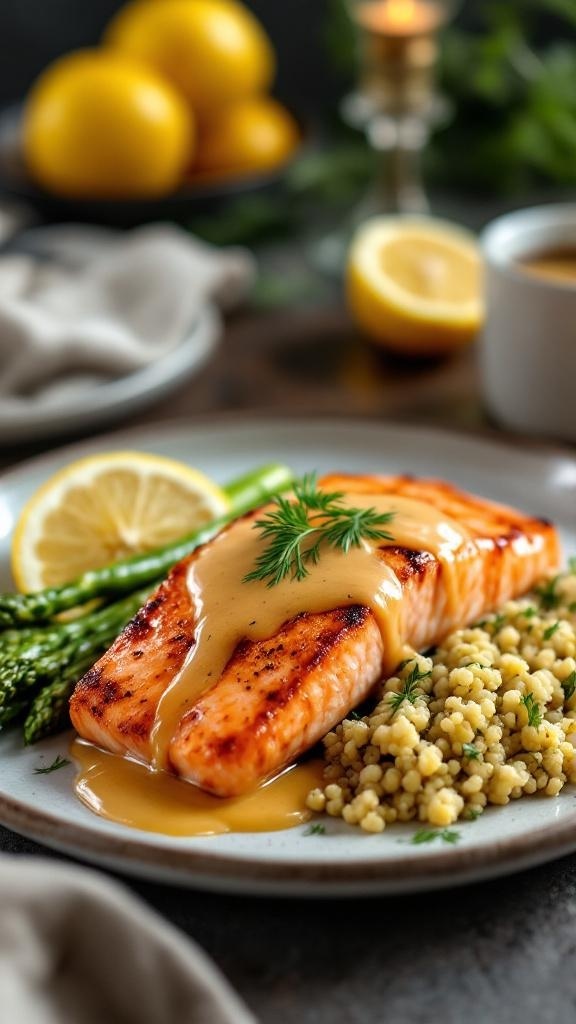 Baked salmon fillet with dill and lemon served with couscous and asparagus