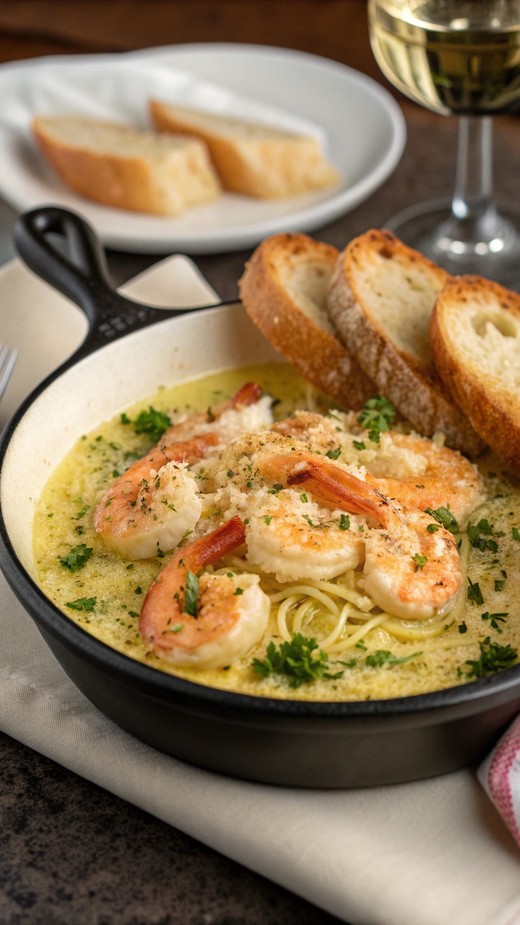 Baked shrimp scampi with lemon served in a skillet with bread on the side.